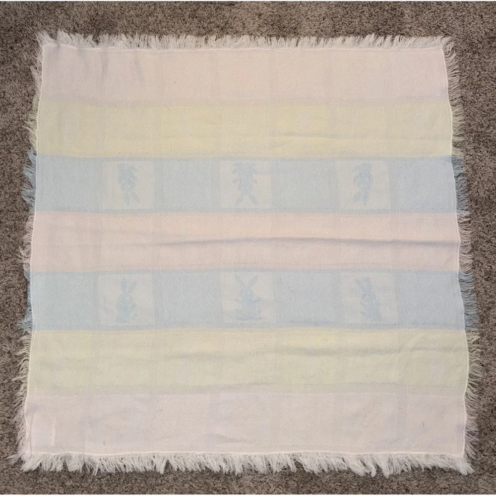 VTG All Mine Bunny Knit Baby Blanket Acrylic‎ Pastel Pink Blue Yellow Japan Made